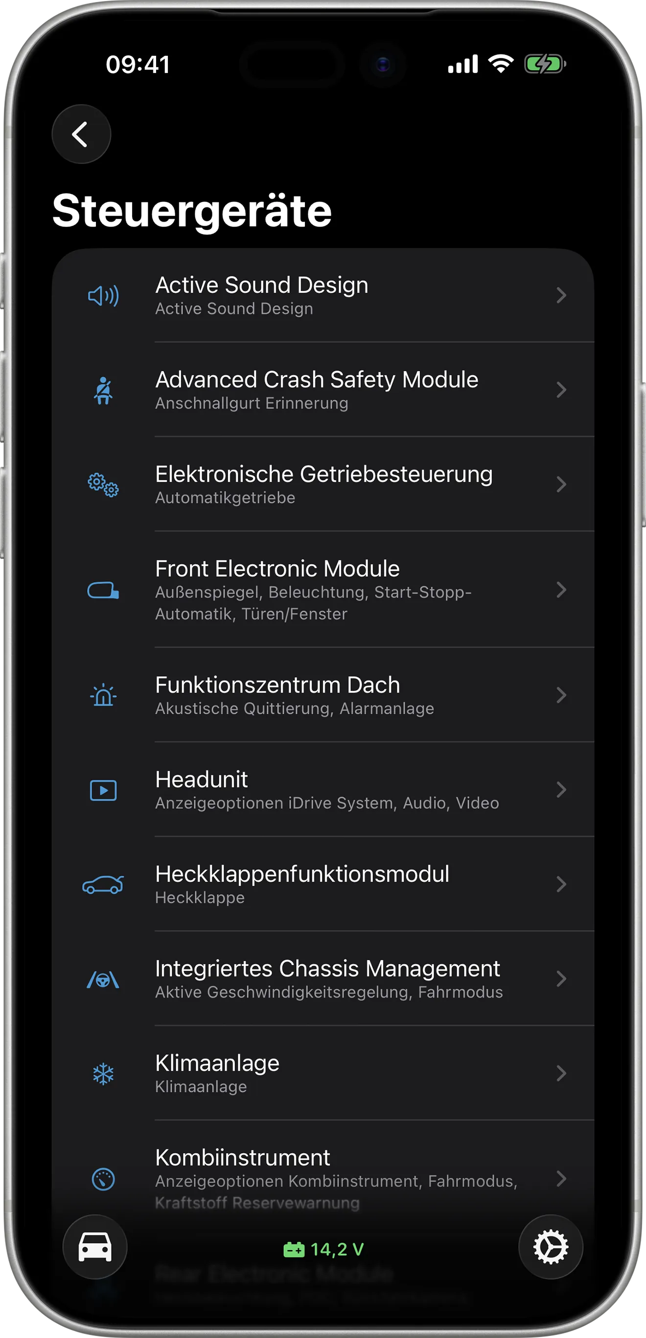 Steuergeräteübersicht in BimmerCode auf dem iPhone