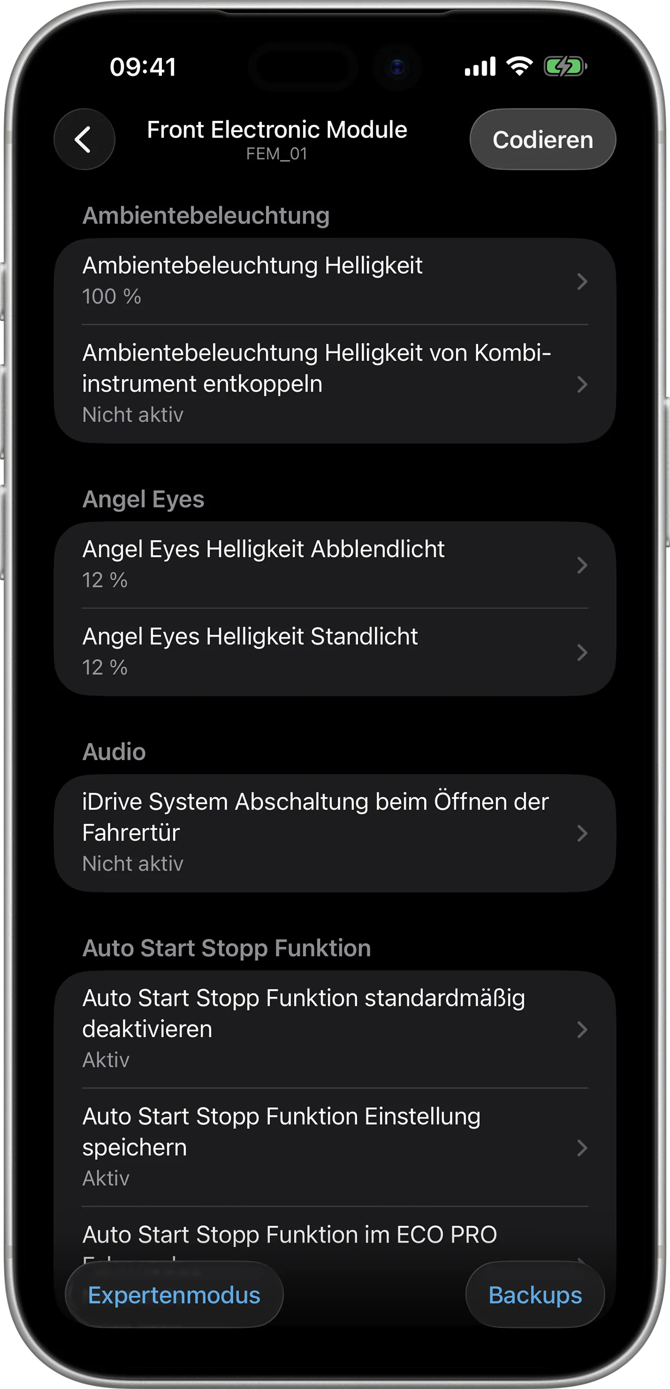 BimmerCode-Codierungsoptionen für das Front Electronic Module (FEM) auf dem iPhone