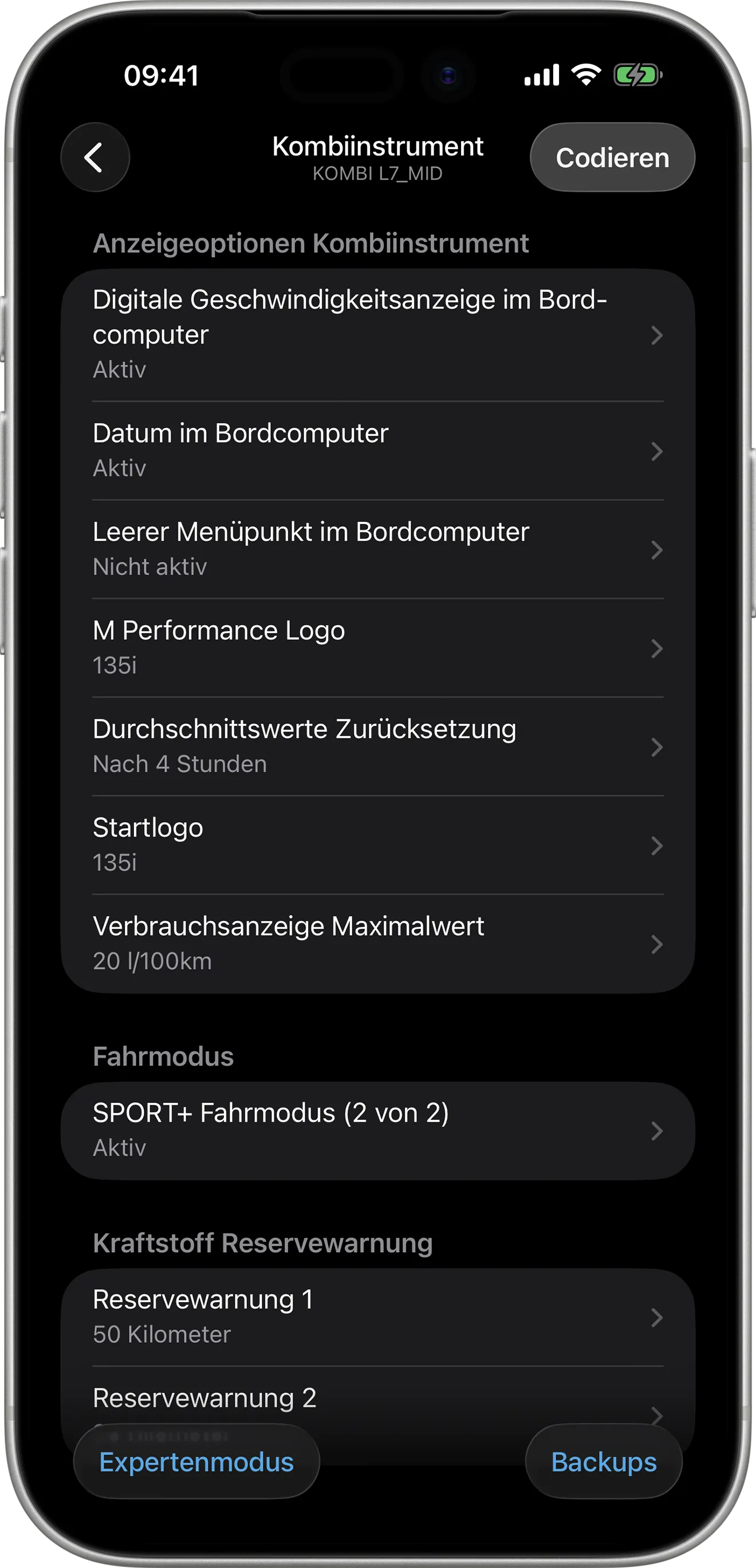 BimmerCode-Codierungsoptionen für das Kombiinstrument (KOMBI L7_MID) auf dem iPhone