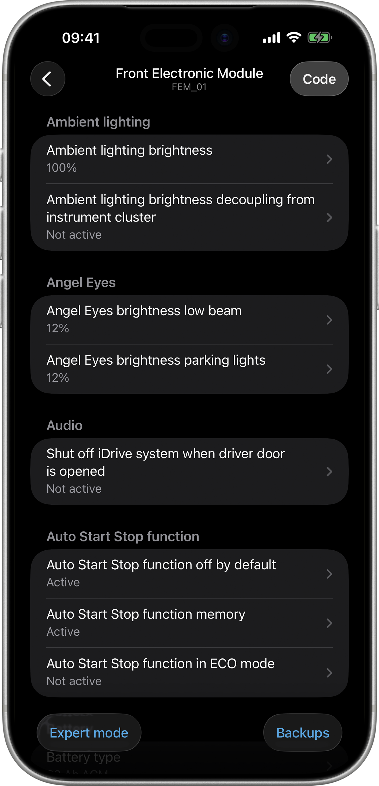 BimmerCode Screenshot Front Electronic Module Screen
