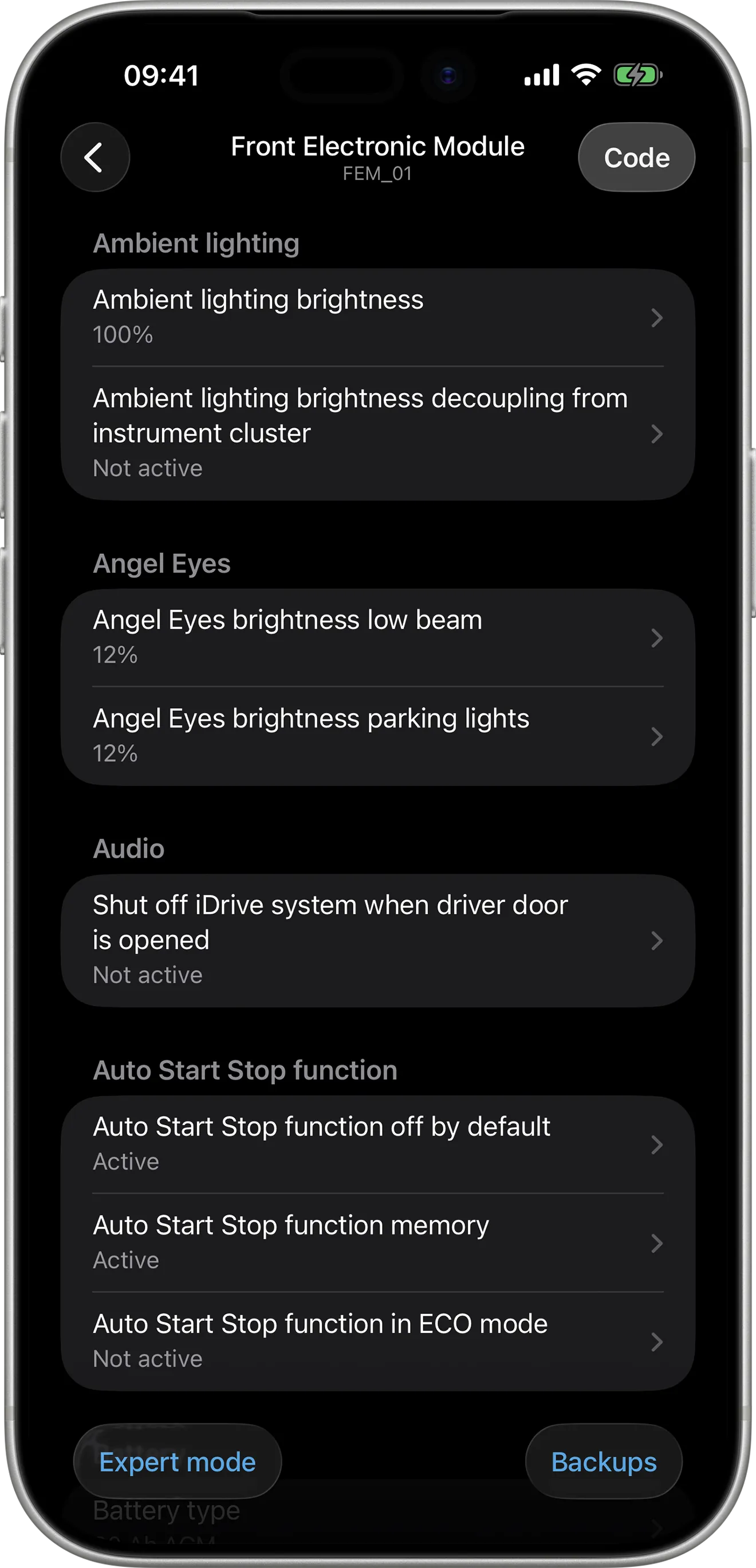 BimmerCode coding options for the Front Electronic Module (FEM) on iPhone