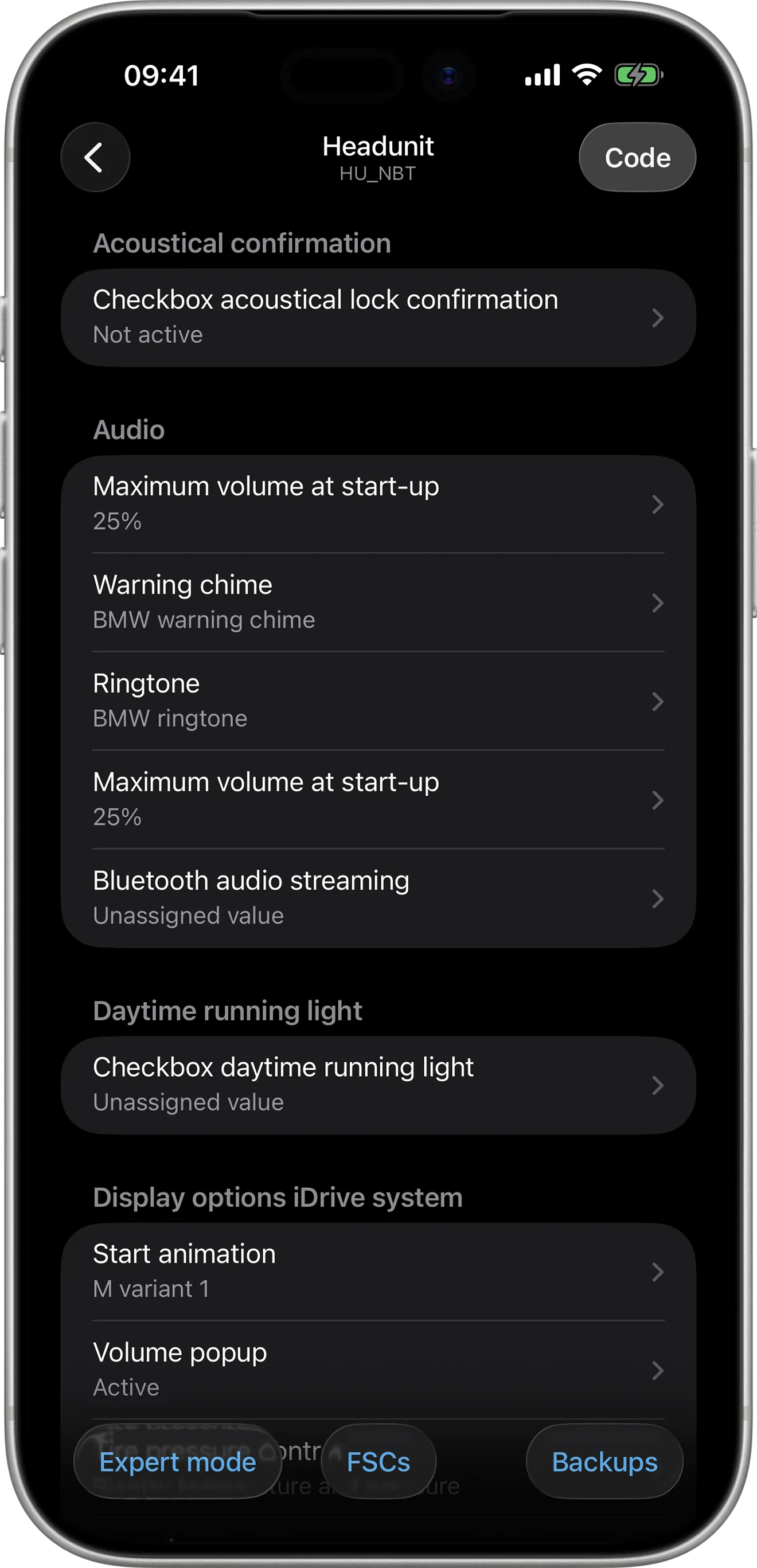 BimmerCode coding options for the Headunit (HU) on iPhone