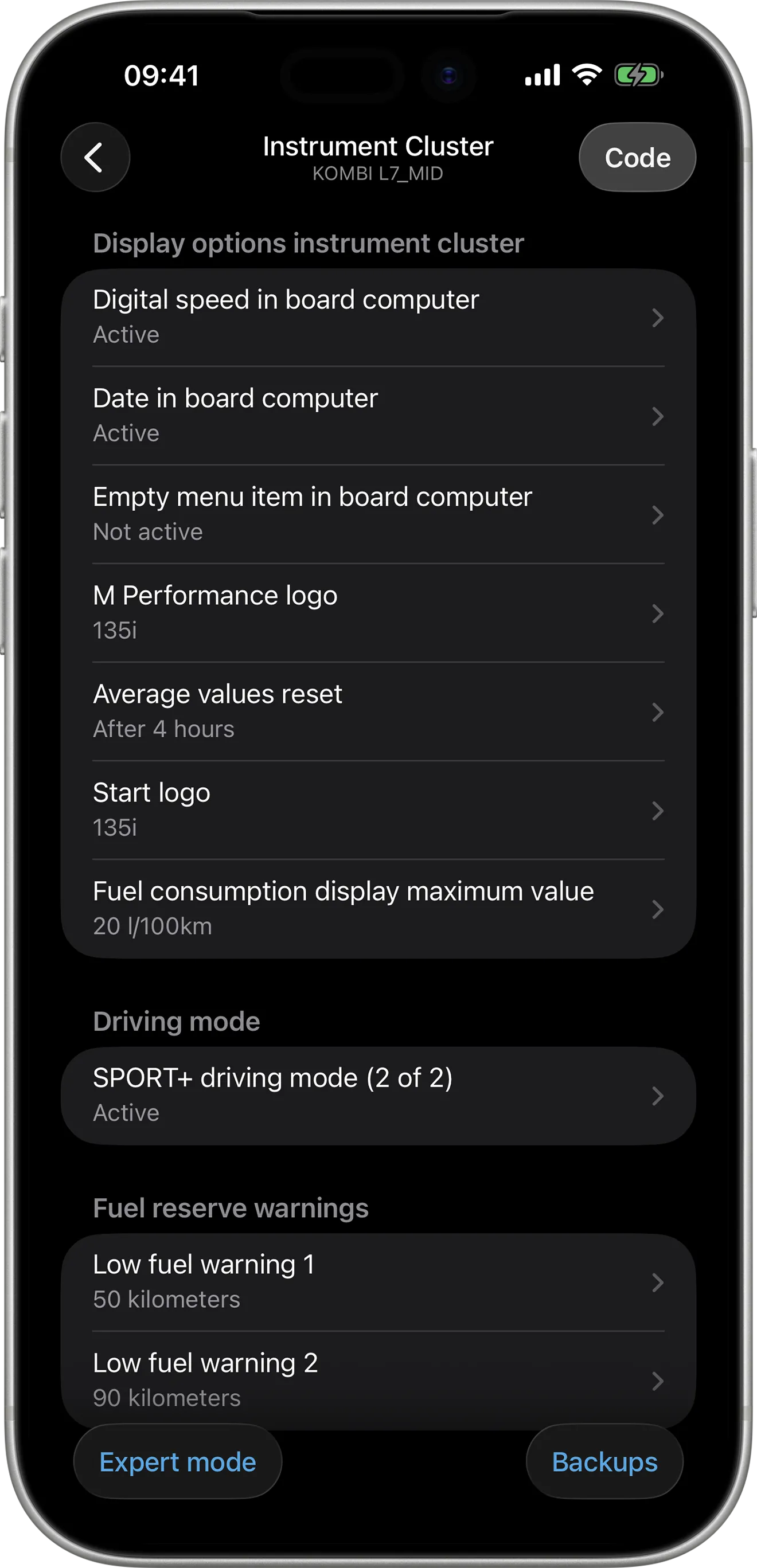 BimmerCode coding options for the Instrument Cluster (KOMBI L7_MID) on iPhone