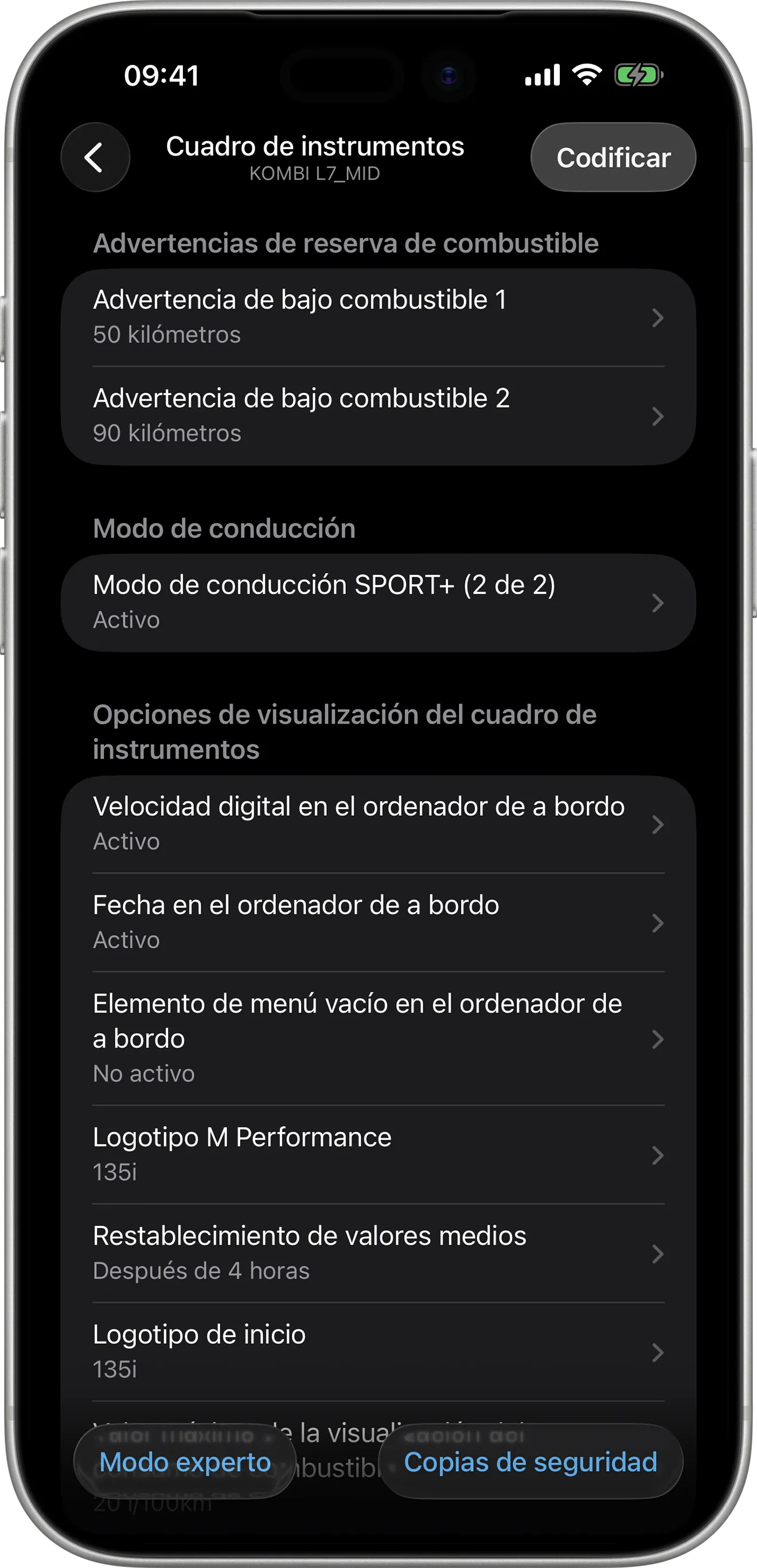 Opciones de codificación del cuadro de instrumentos (KOMBI L7_MID) en BimmerCode en el iPhone