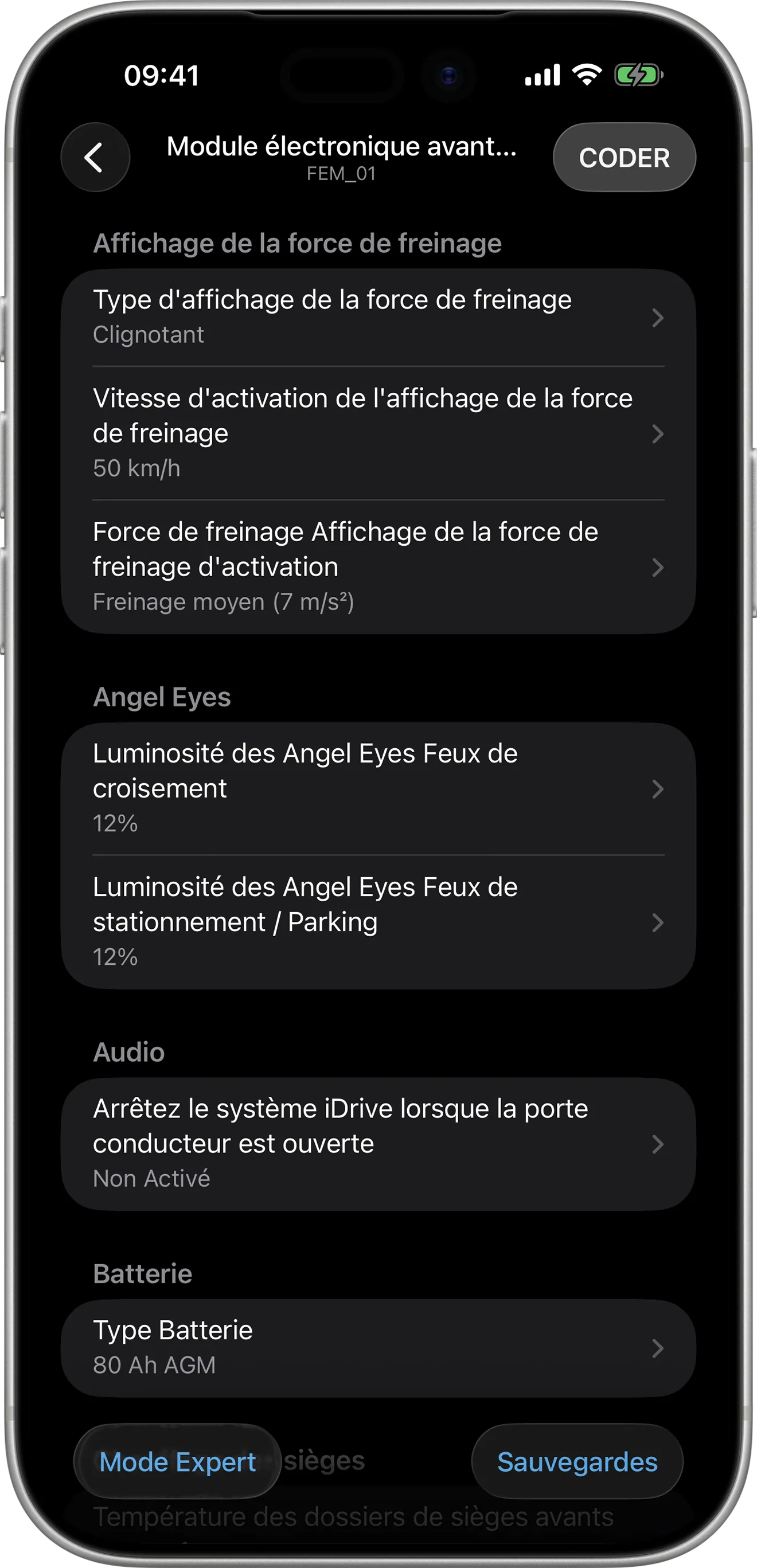 Options de codage du module électronique avant (FEM) dans BimmerCode sur iPhone