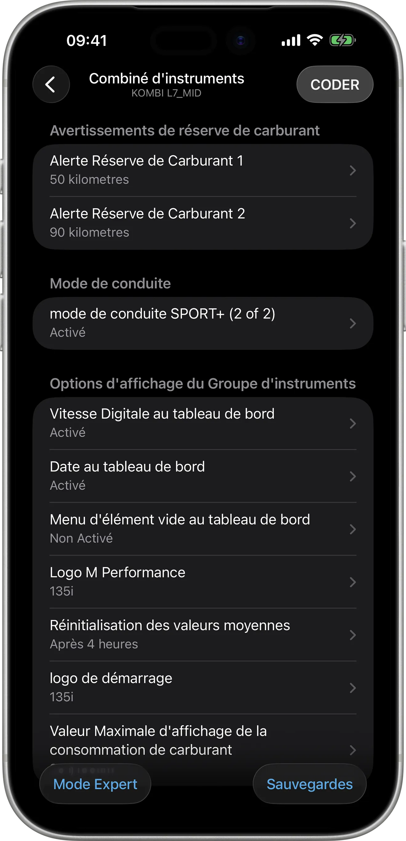 Options de codage du combiné d’instruments (KOMBI L7_MID) dans BimmerCode sur iPhone