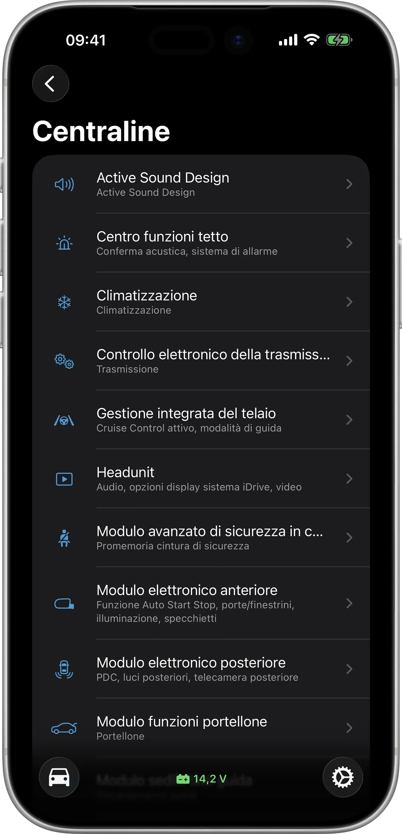 Schermata panoramica delle centraline in BimmerCode su iPhone