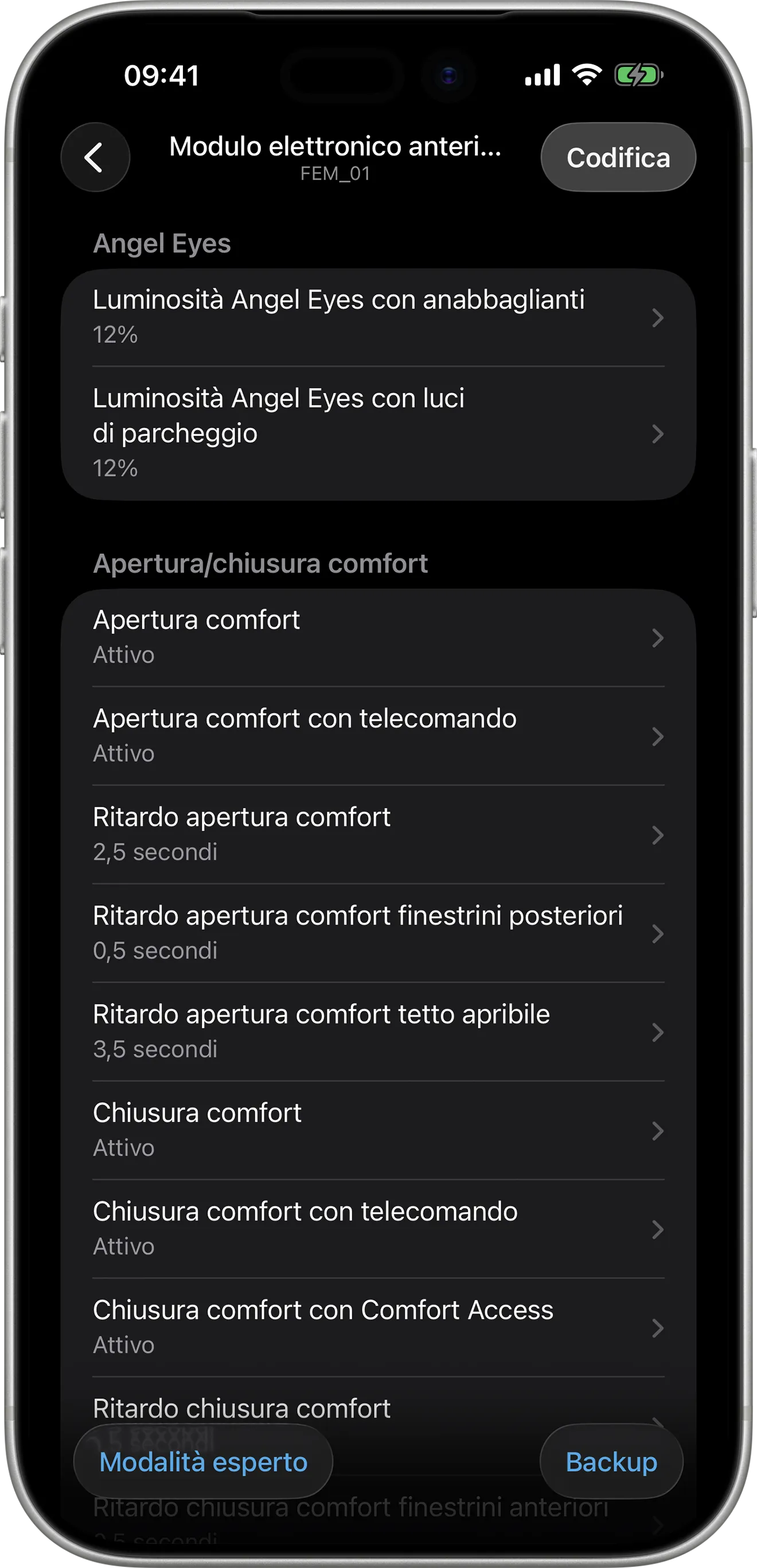 Opzioni di codifica del modulo elettronico anteriore (FEM) in BimmerCode su iPhone