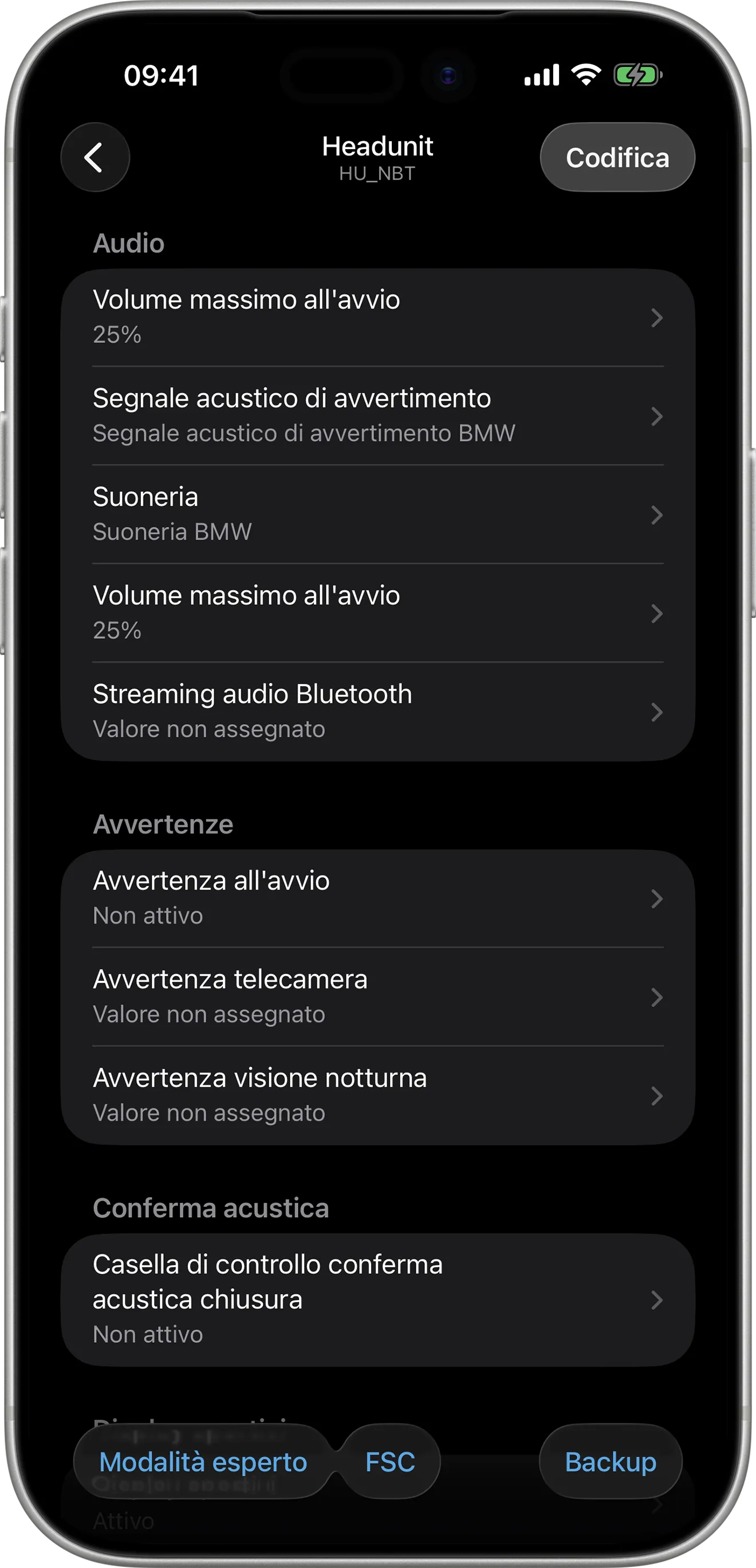 Opzioni di codifica dell’unità principale (HU) in BimmerCode su iPhone