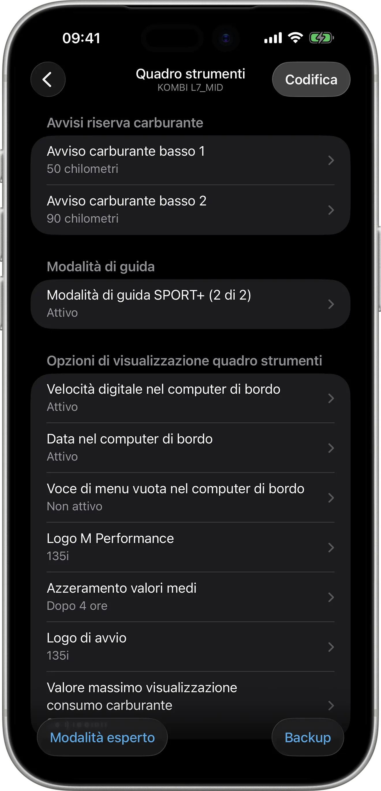Opzioni di codifica del quadro strumenti (KOMBI L7_MID) in BimmerCode su iPhone