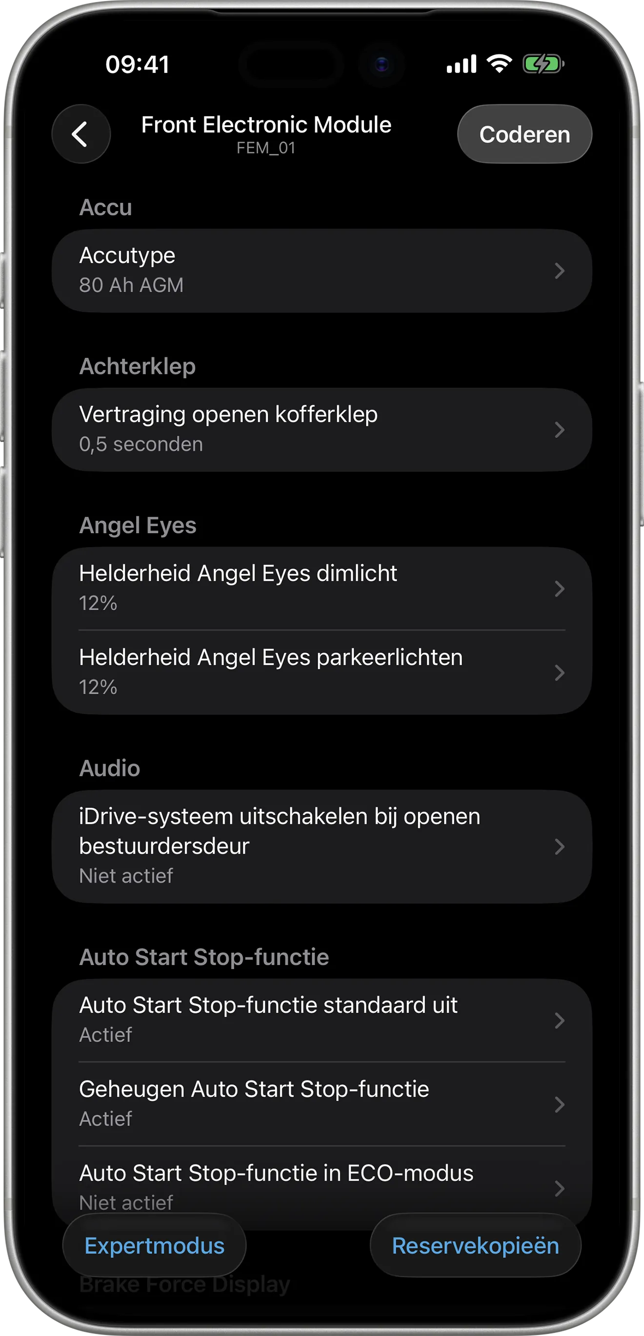Codeeropties voor de Front Electronic Module (FEM) in BimmerCode op iPhone