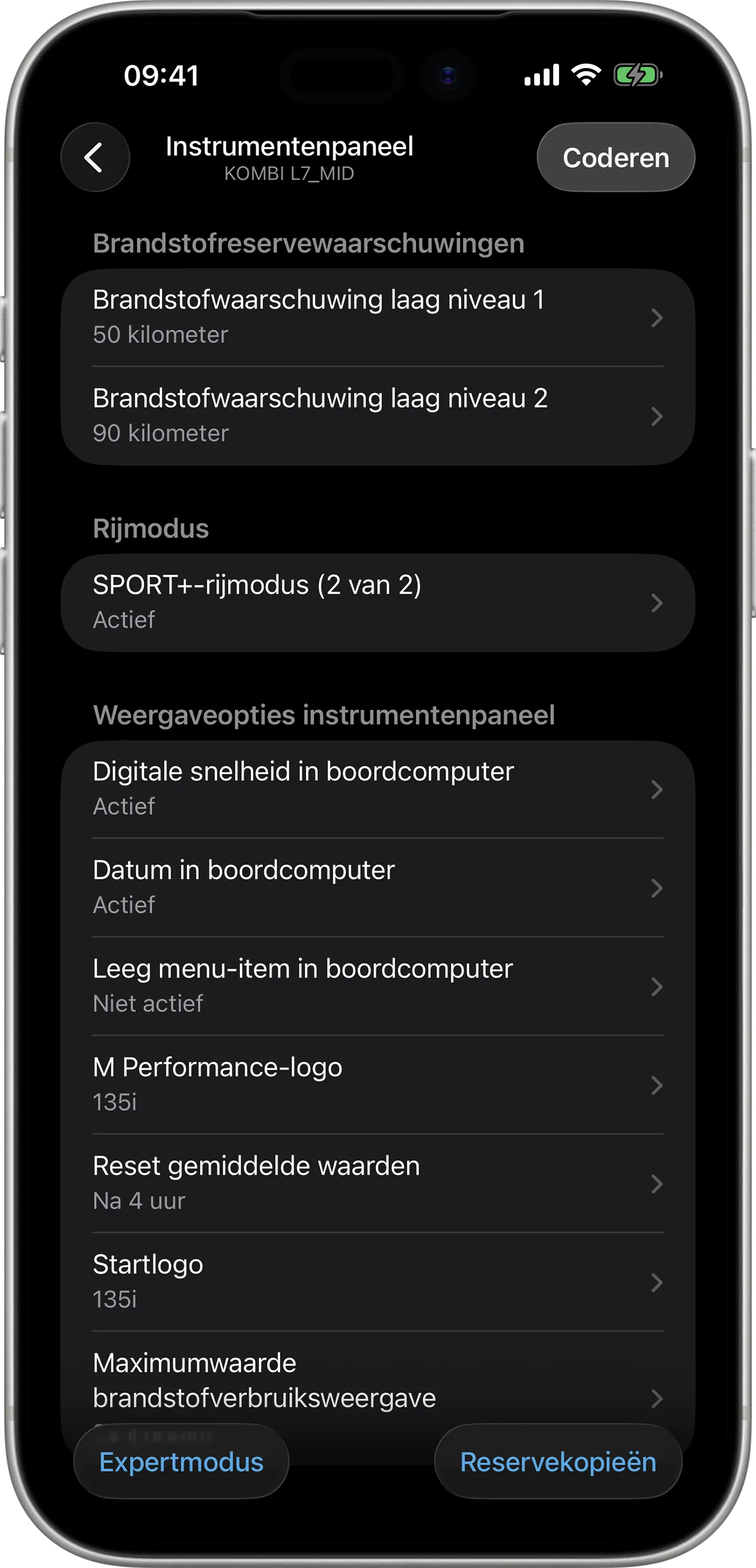 Codeeropties voor het instrumentenpaneel (KOMBI L7_MID) in BimmerCode op iPhone