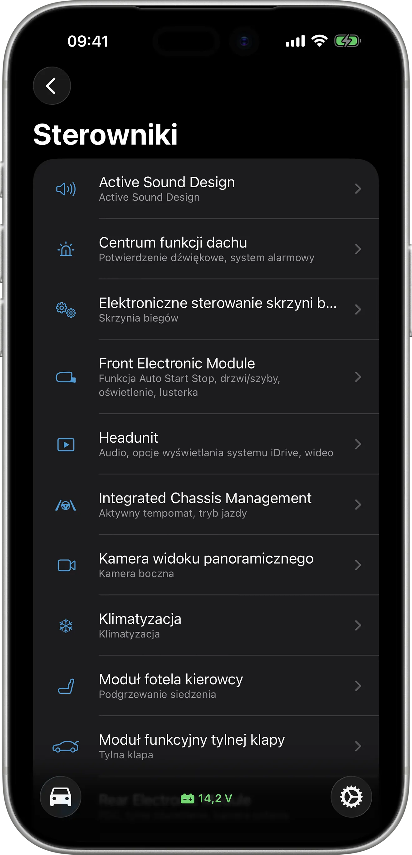 Ekran przeglądu sterowników w aplikacji BimmerCode na iPhonie