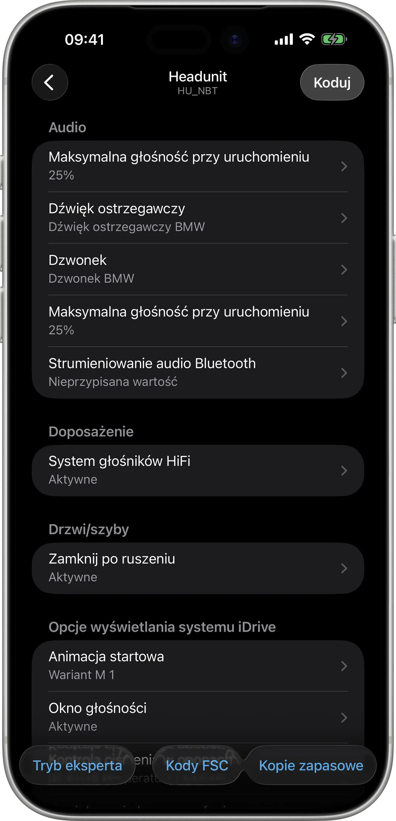 Opcje kodowania jednostki głównej (HU) w aplikacji BimmerCode na iPhonie