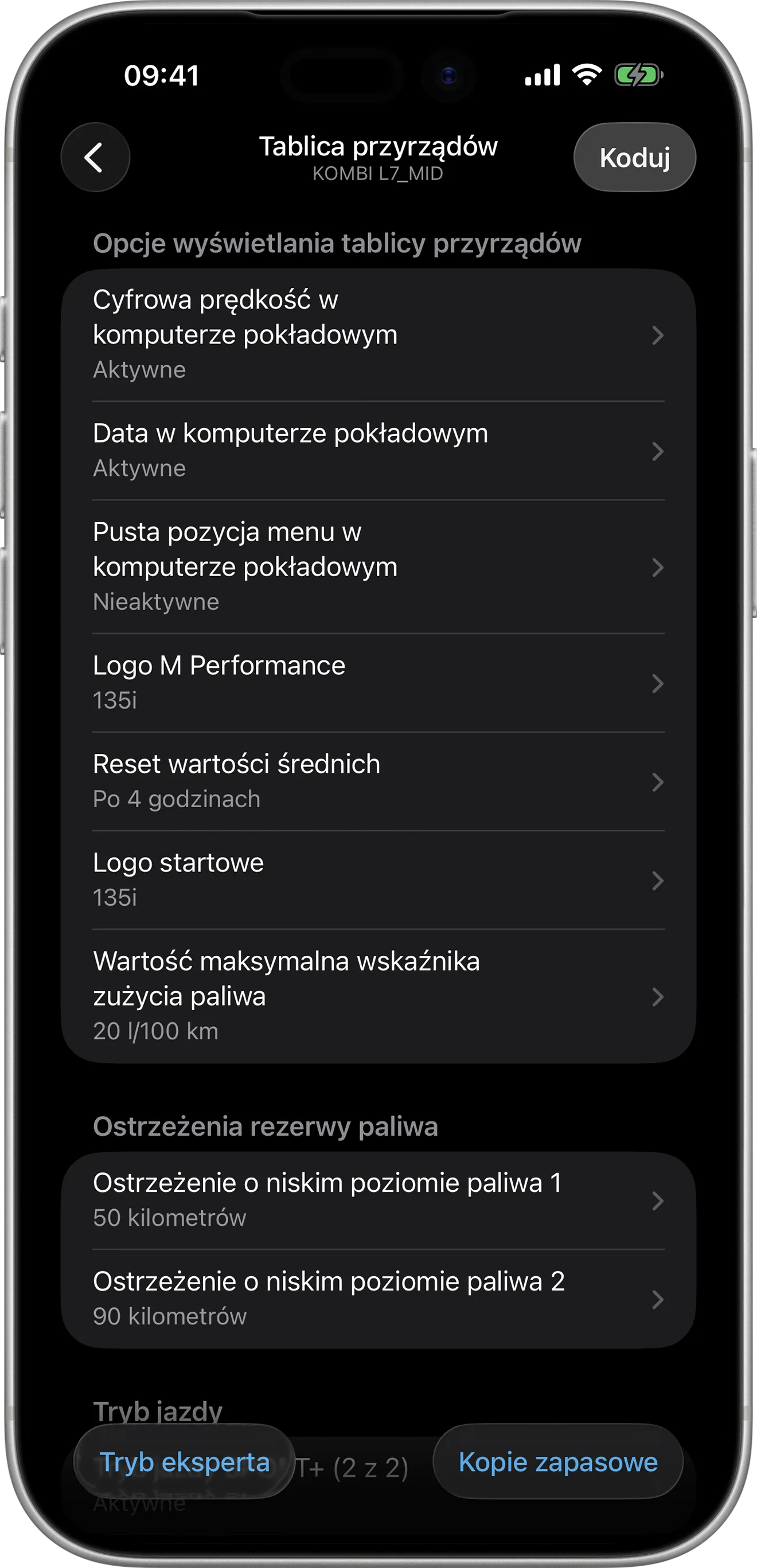 Opcje kodowania zestawu wskaźników (KOMBI L7_MID) w aplikacji BimmerCode na iPhonie