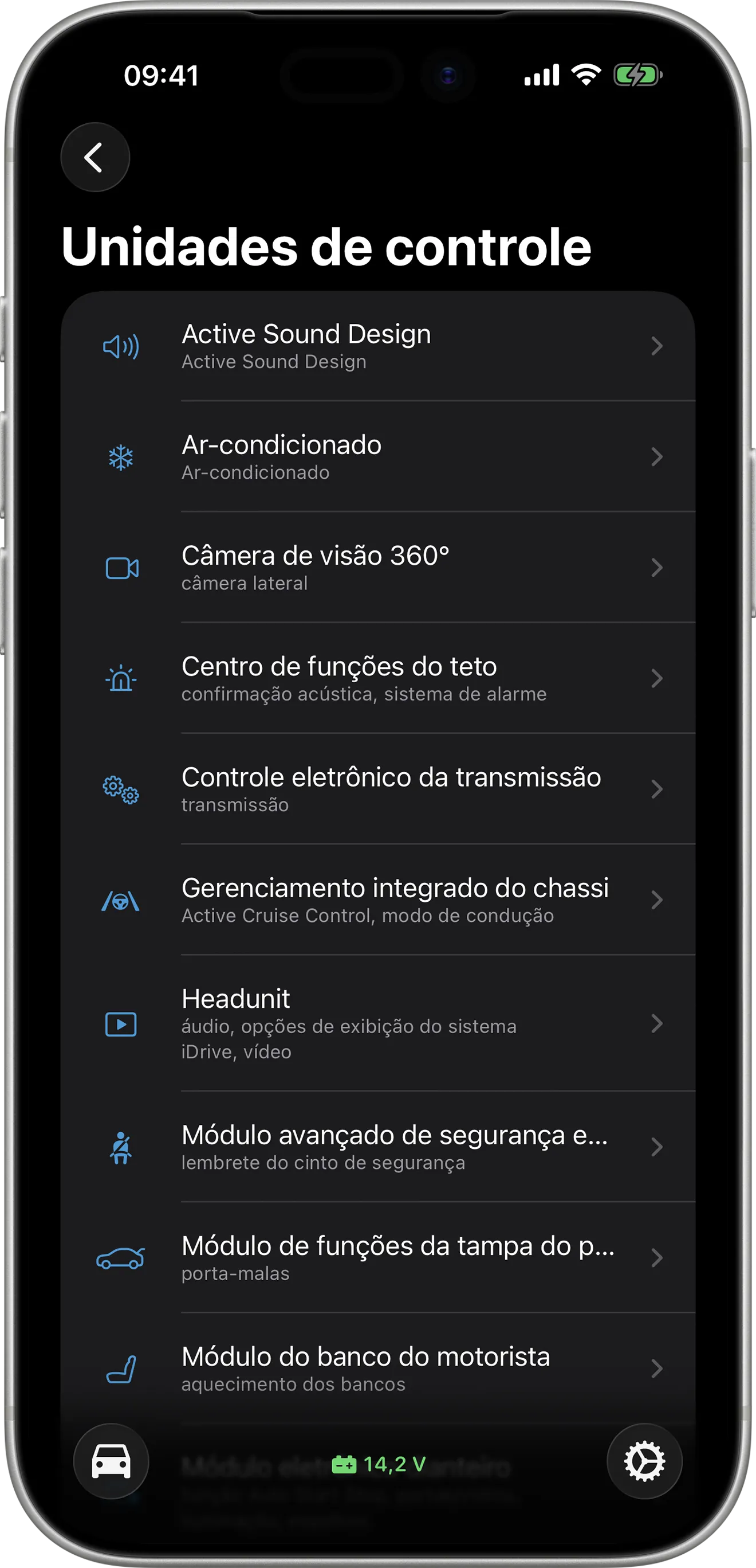 Tela de visão geral dos módulos no BimmerCode no iPhone
