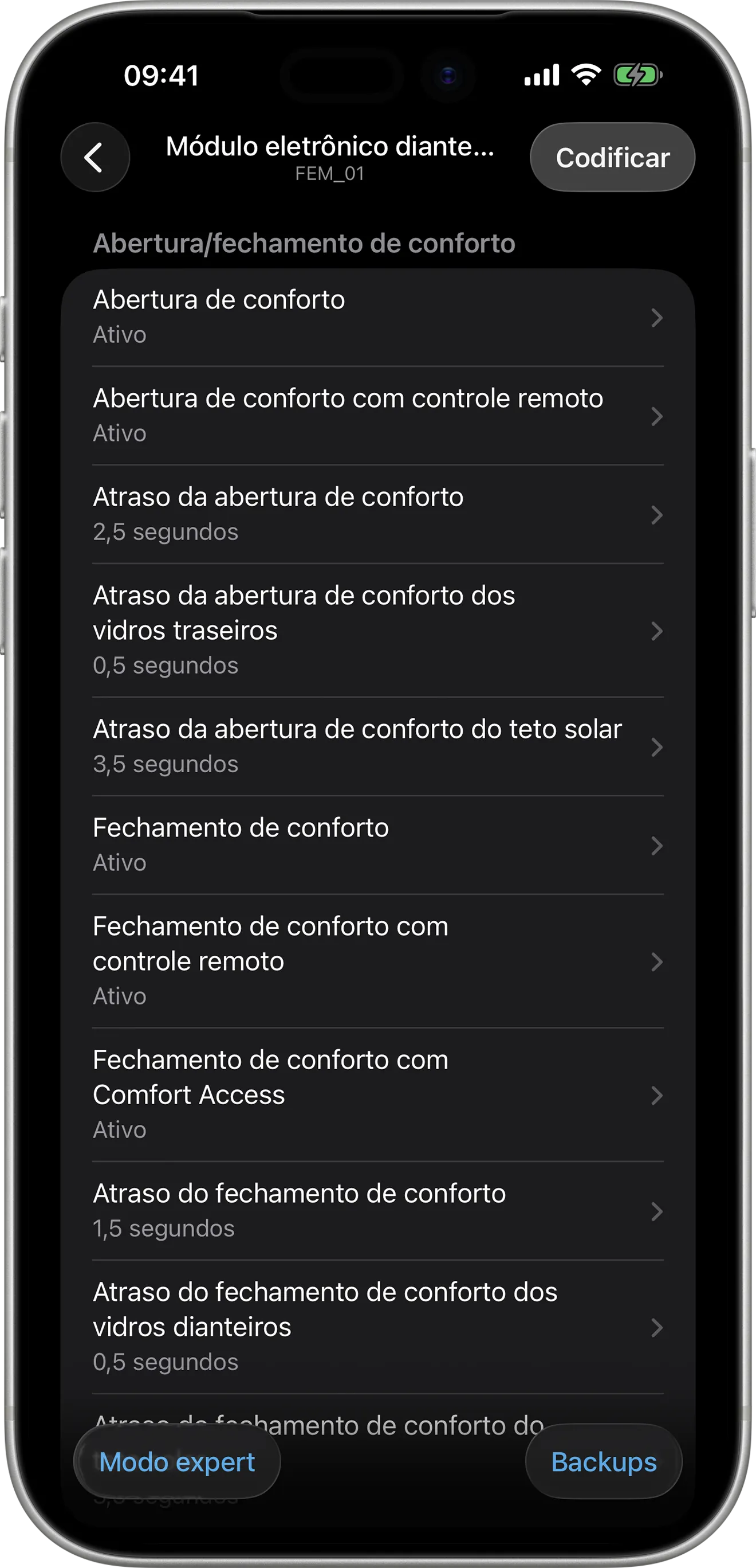 Opções de codificação do módulo eletrônico frontal (FEM) no BimmerCode no iPhone