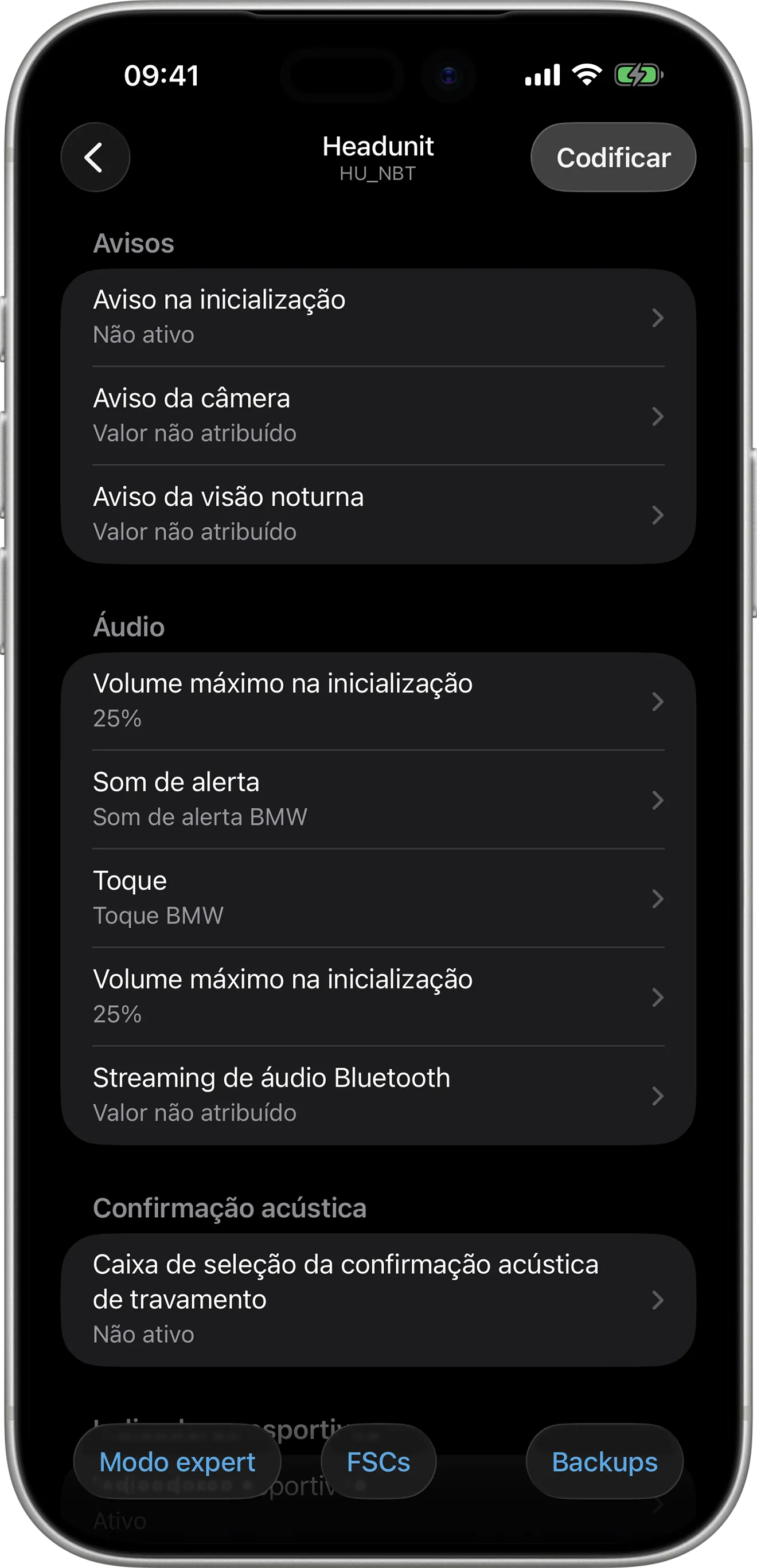 Opções de codificação da unidade principal (HU) no BimmerCode no iPhone
