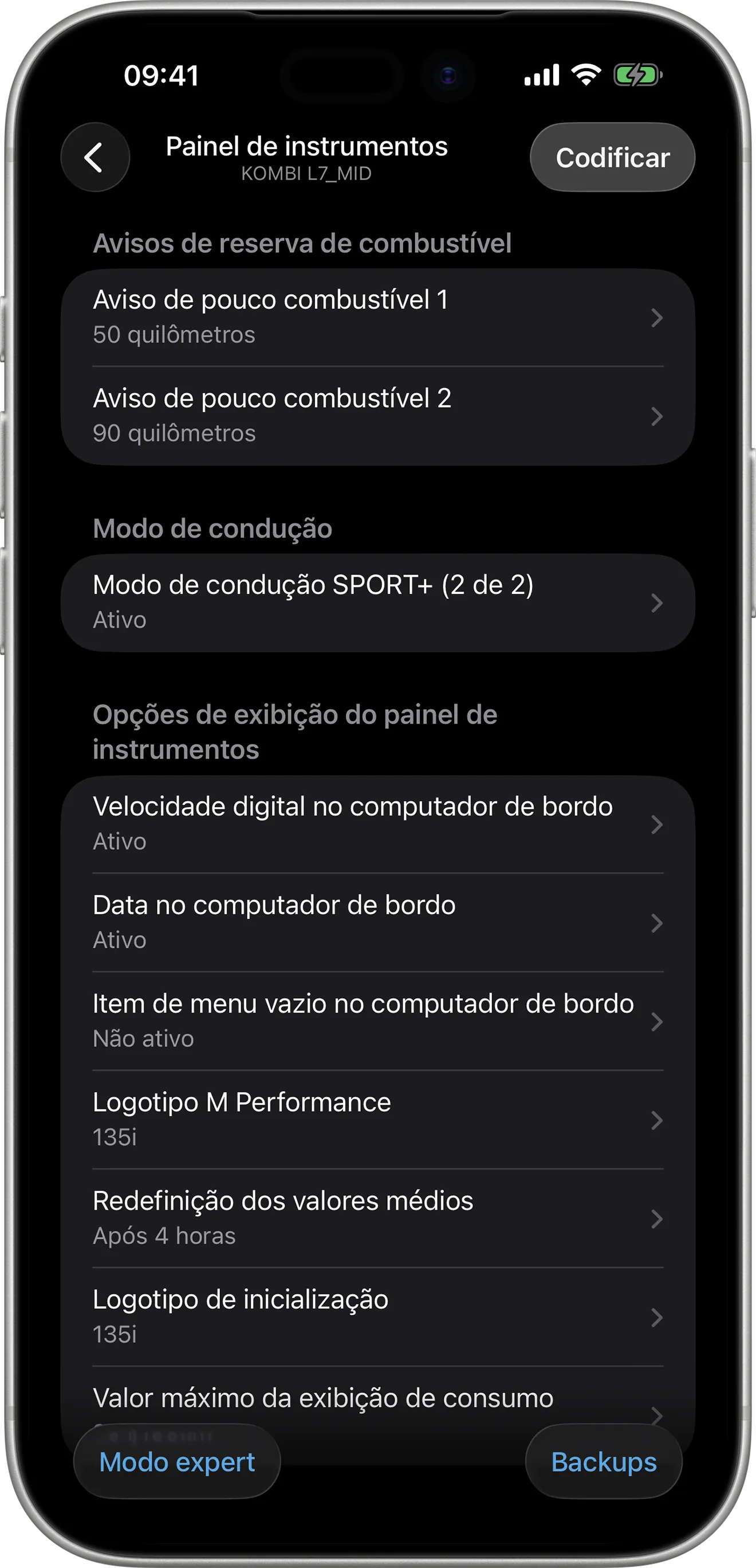 Opções de codificação do painel de instrumentos (KOMBI L7_MID) no BimmerCode no iPhone