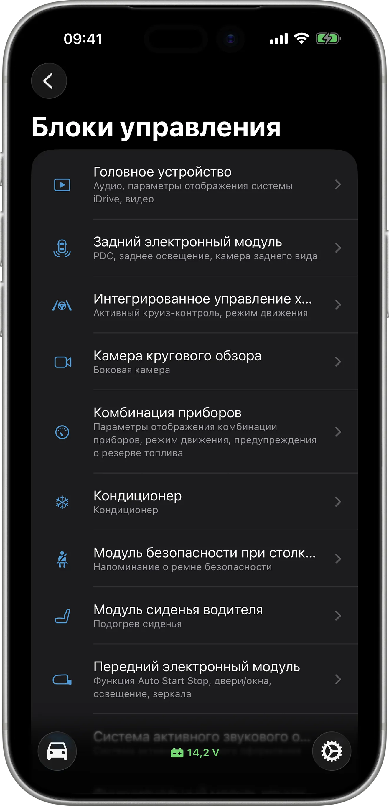 Экран обзора блоков управления в BimmerCode на iPhone