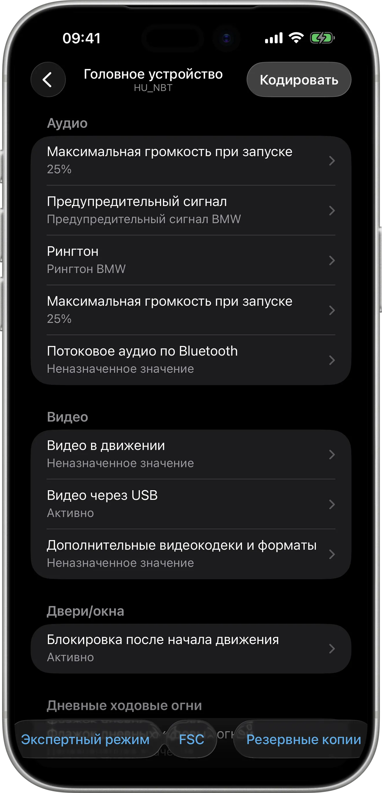 Параметры кодирования головного устройства (HU) в BimmerCode на iPhone