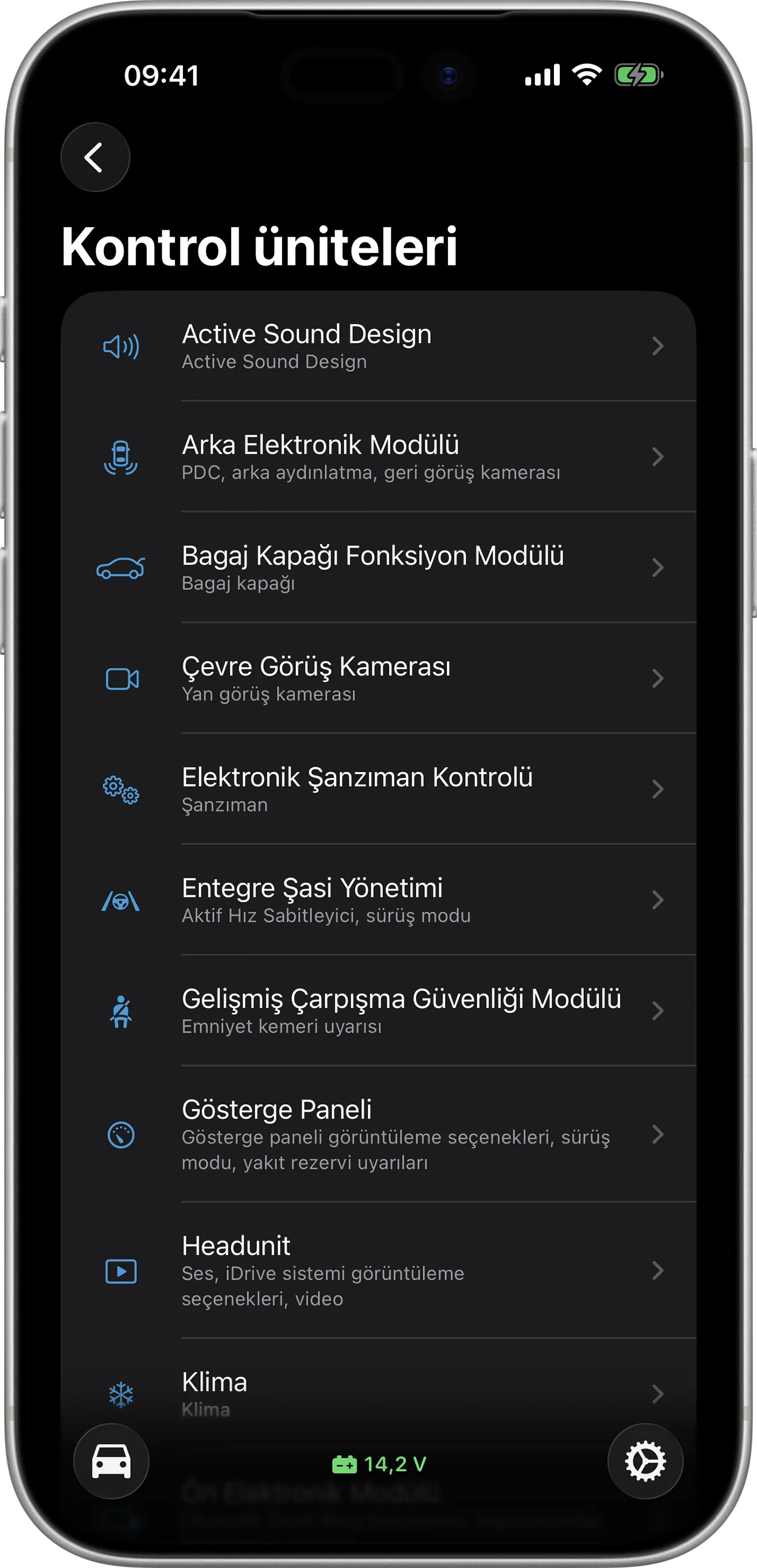 iPhone’da BimmerCode kontrol üniteleri genel bakış ekranı