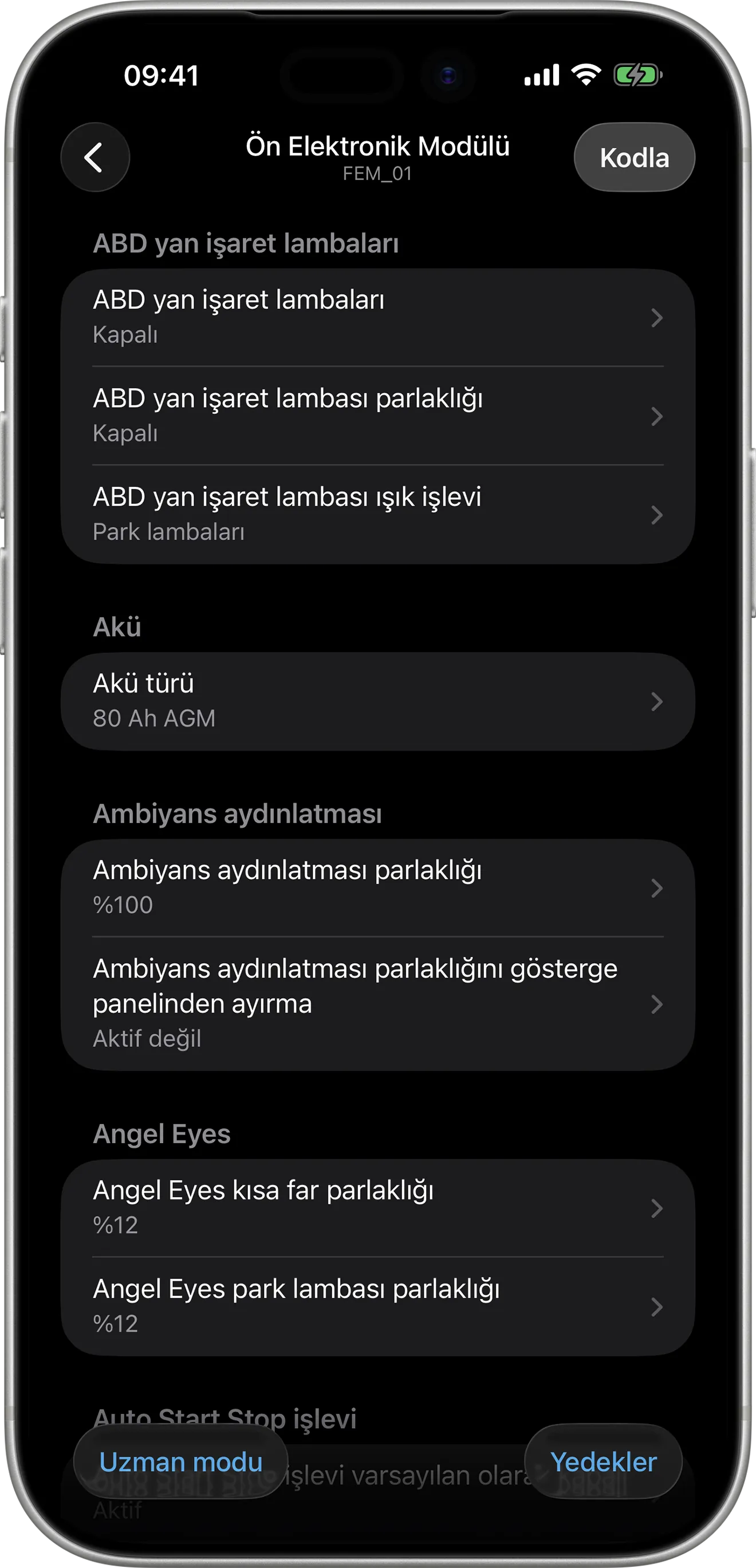 iPhone’da BimmerCode ön elektronik modül (FEM) kodlama seçenekleri