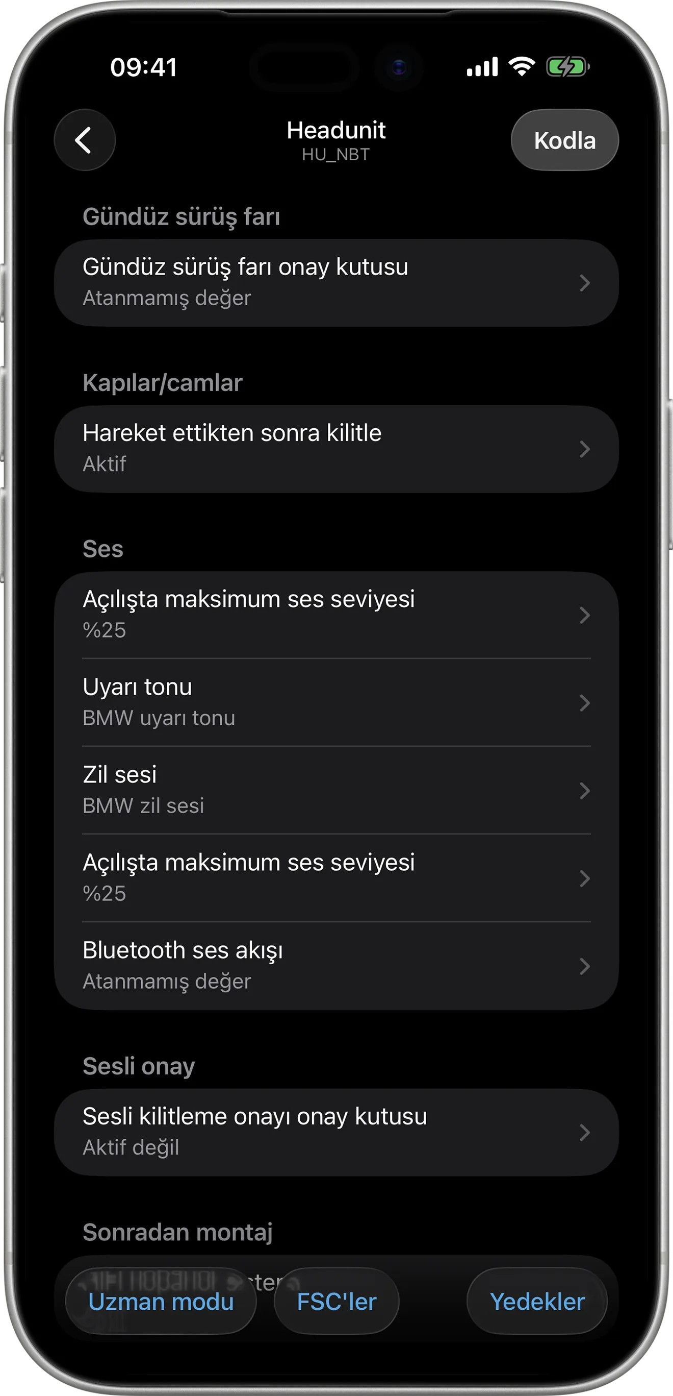 iPhone’da BimmerCode ana ünite (HU) kodlama seçenekleri