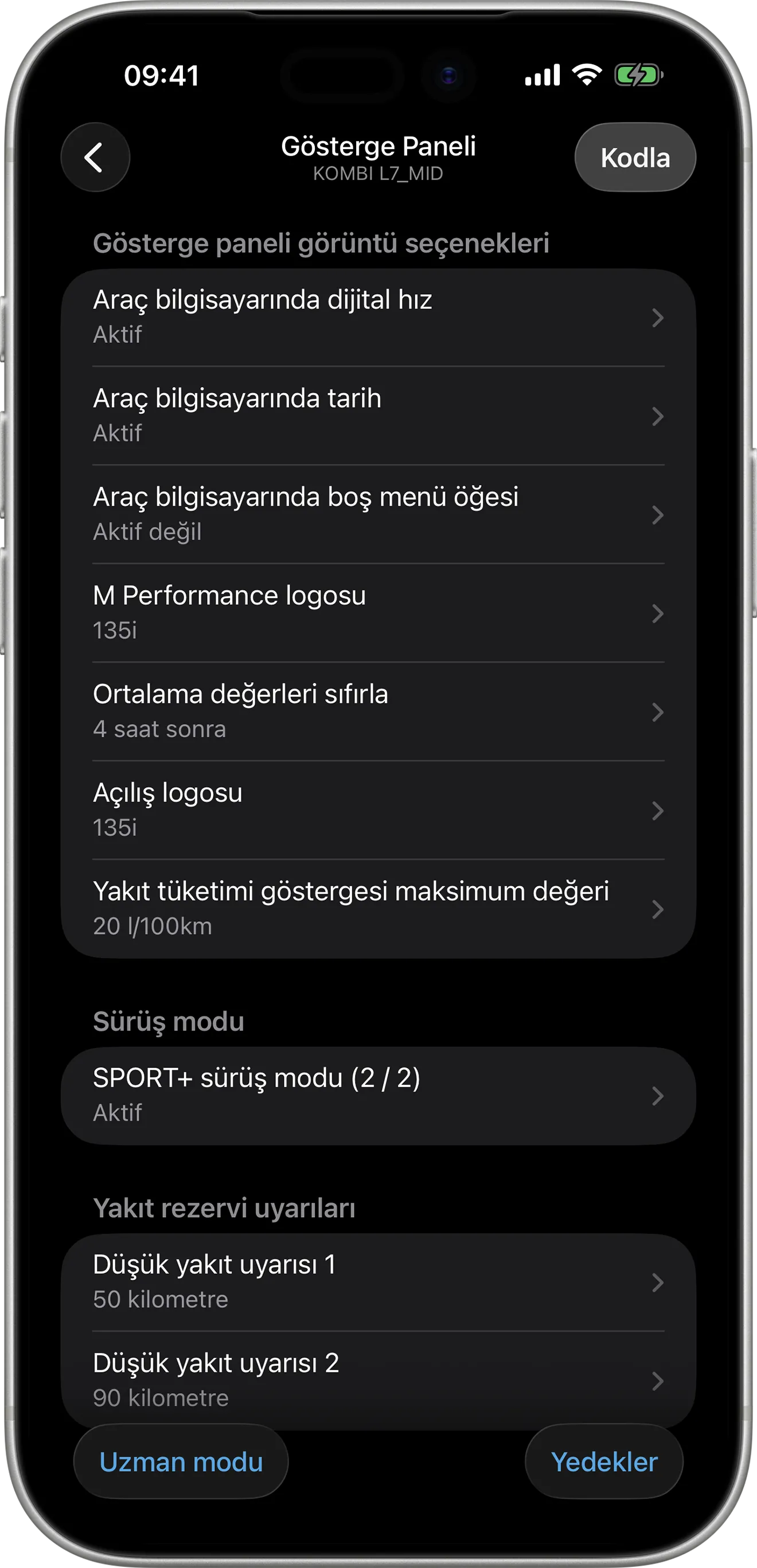 iPhone’da BimmerCode gösterge paneli (KOMBI L7_MID) kodlama seçenekleri