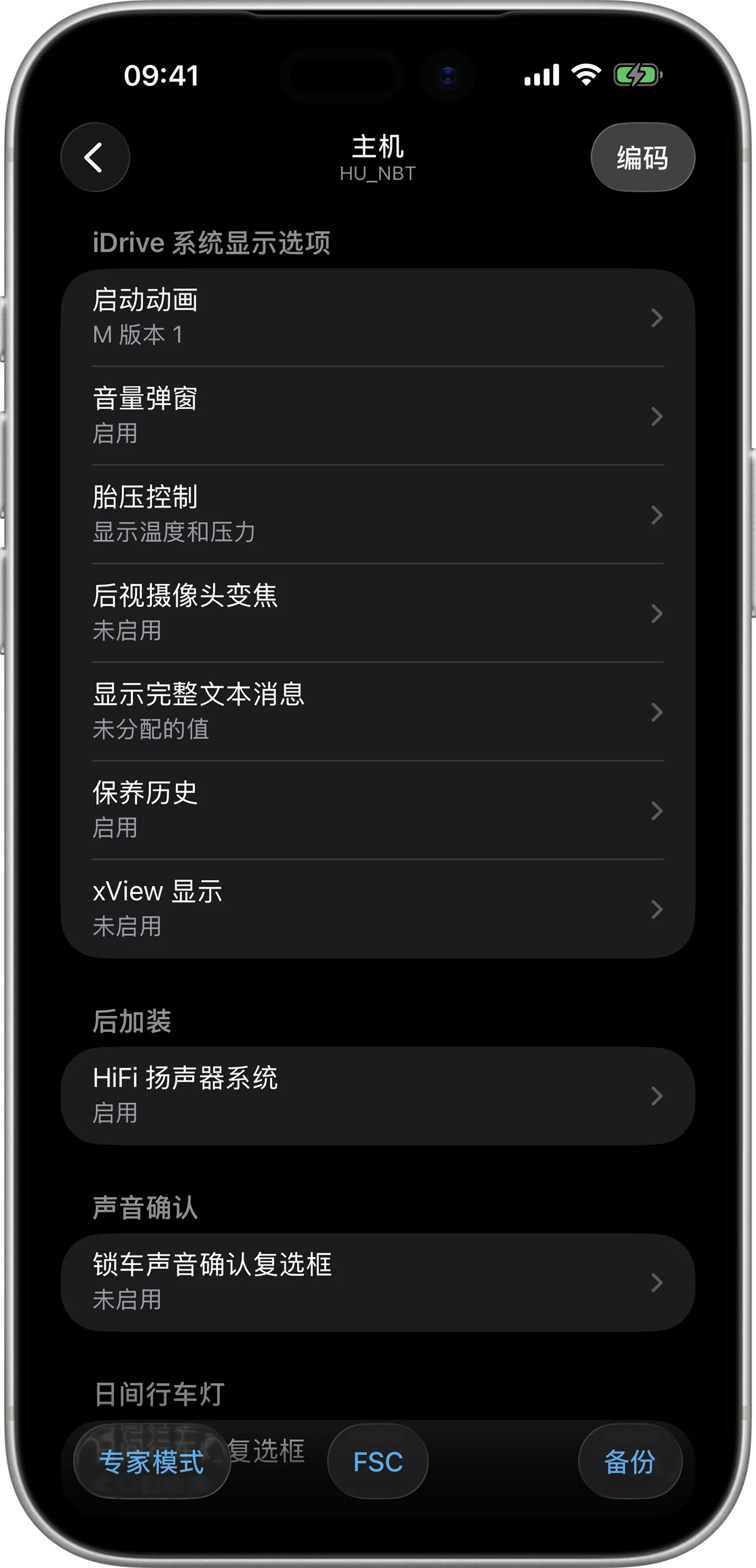 iPhone 上 BimmerCode 的主机（HU）编码选项